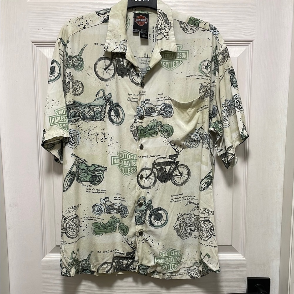 Harley-Davidson | Cream & Green | Motorcycle Print | Short Sleeve Shirt| Size S